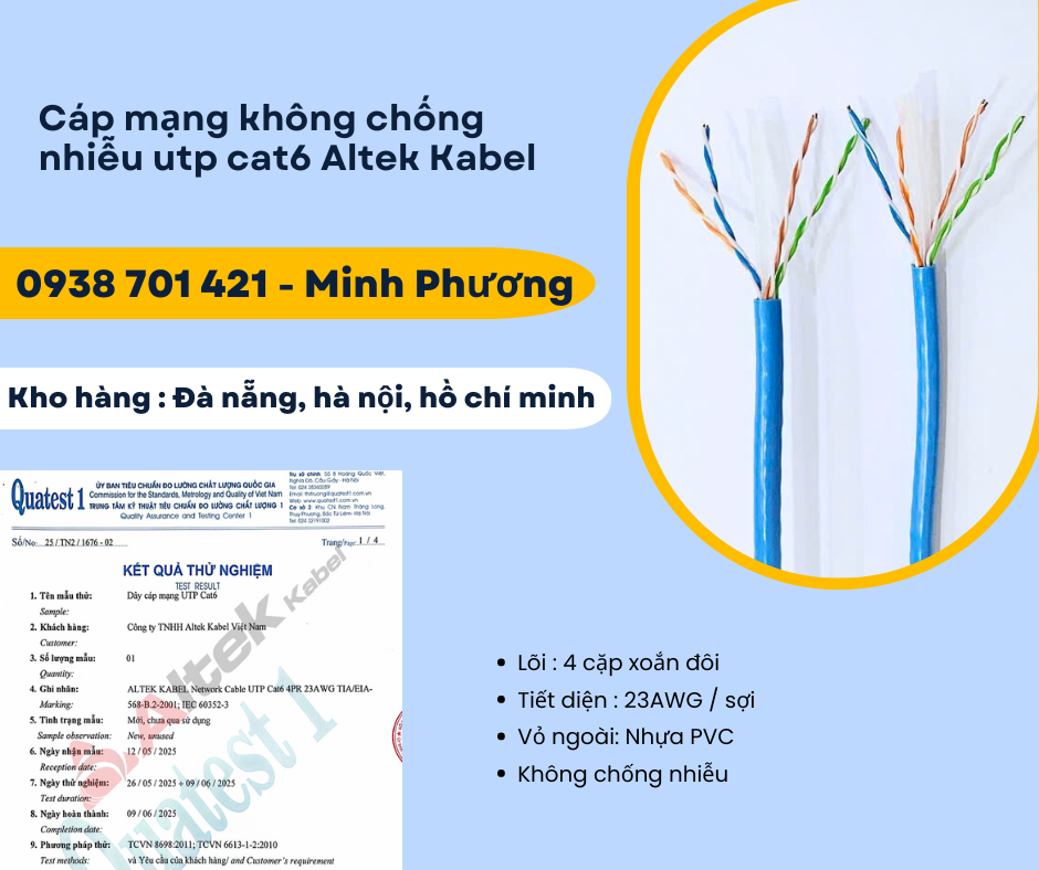 Cáp mạng không chống nhiễu utp cat6 Altek Kabel Gia Lai, Đắk Lắk, Lâm Đồng
